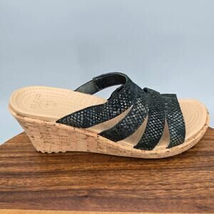 Crocs Sandals Womens 9 Black Leather Snake Print A Leigh Slip On Wedge Slides